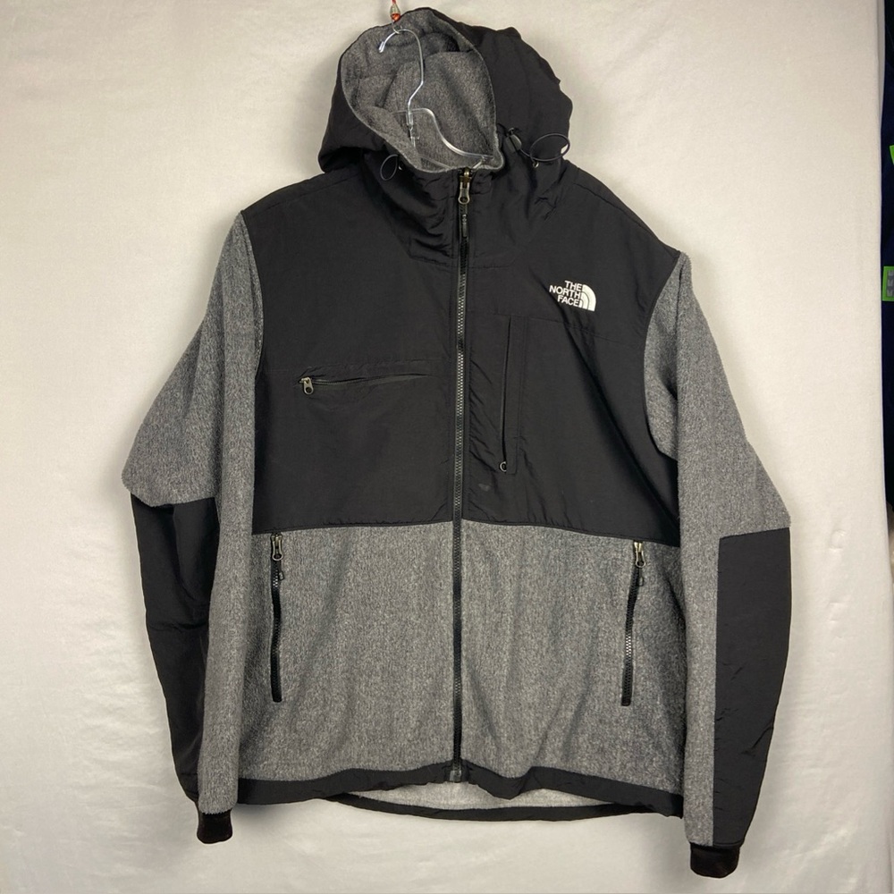 The North Face Denali Jacket Mens Large Gray Black Hood Polartec Fleece Gorpcore